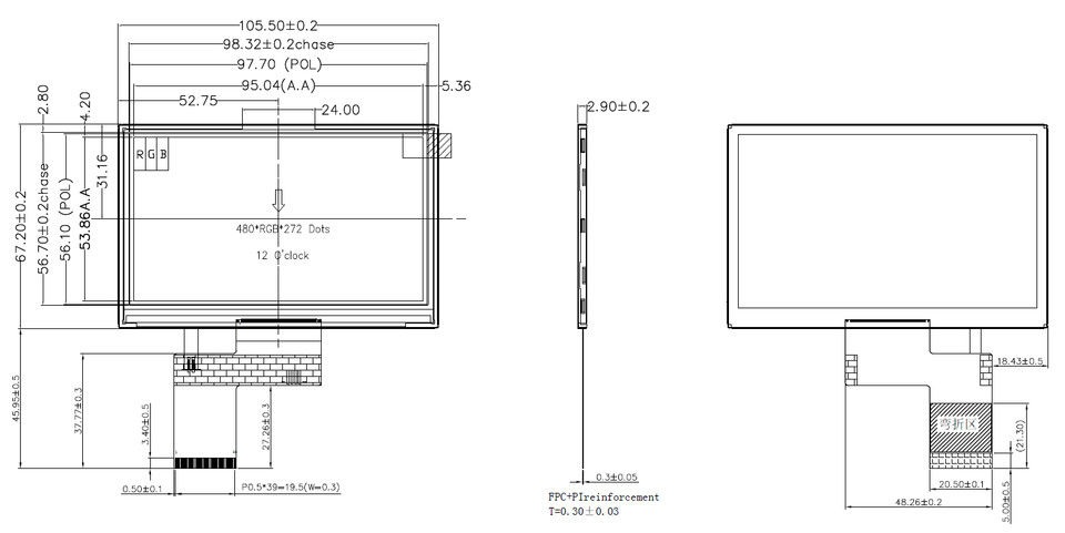 ST7282 IC TFT Capacitive Touchscreen 4.3Inch With 0.111 W ×0.111 H Mm Dot Pitch